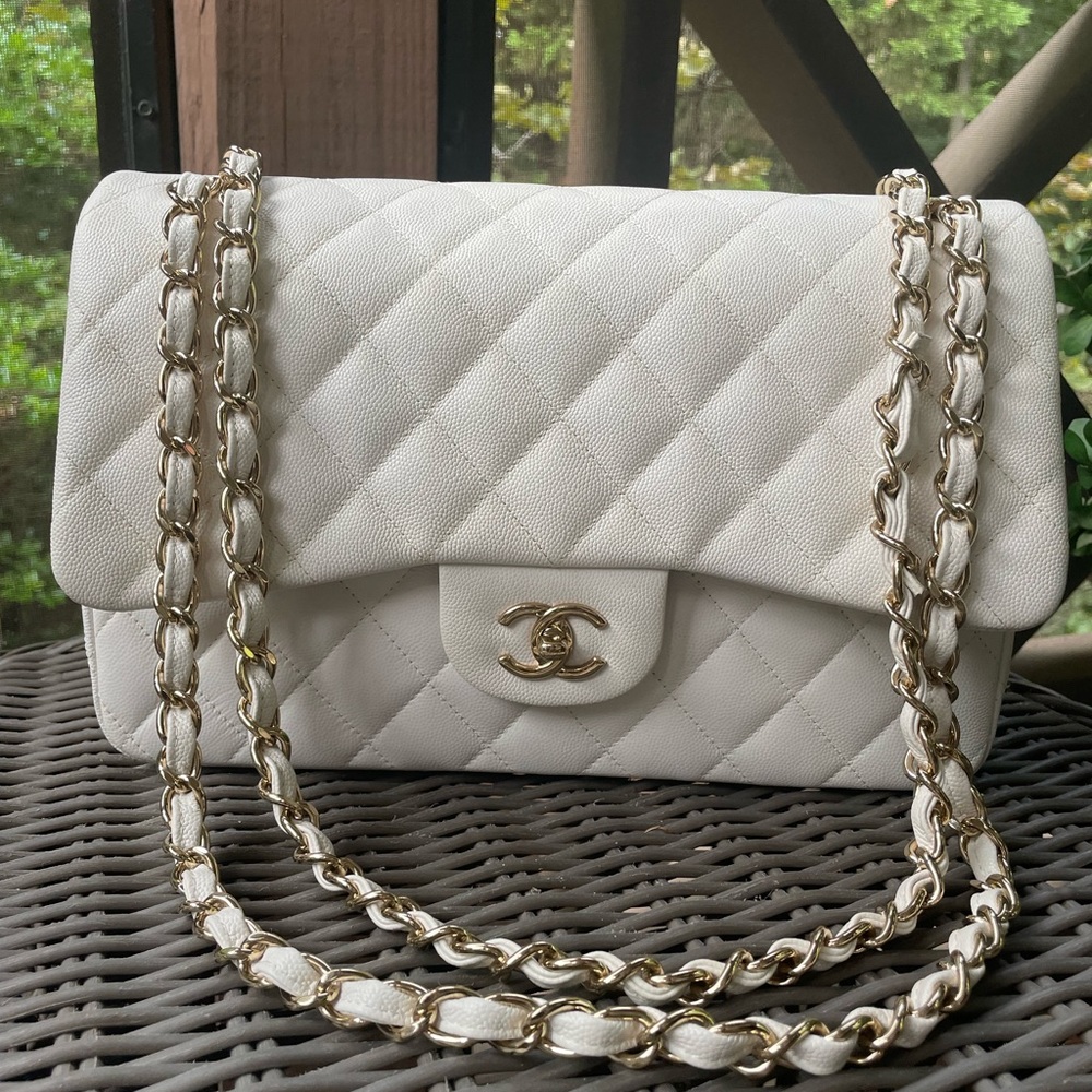 Chanel White Caviar Jumbo Double Flap with Shiny Gold Hardware